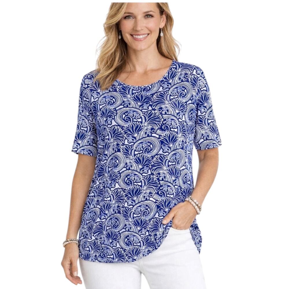 Chico’s size S Blue Scroll Stretch blouse
